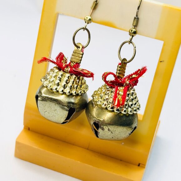 Vintage-Inspired Gold-Toned Jingle Bell Earrings With Red Bow Accent & Decorativ - Picture 4 of 4